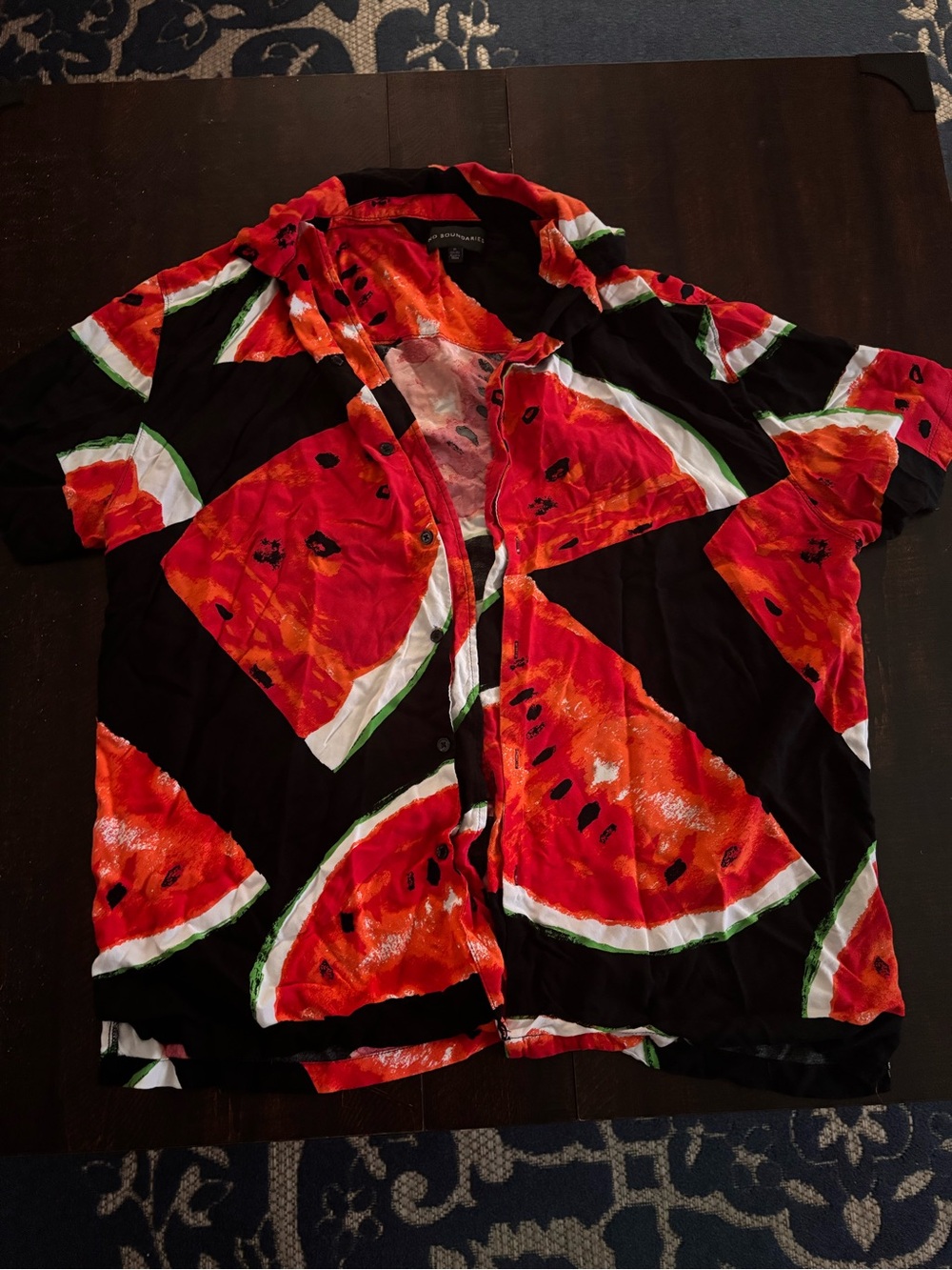 No Boundaries Black and Red Watermelon Print Short-Sleeve Button-Down Shirt